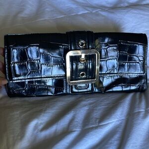 ANN TAYLOR | Black | Crocodile Print  Large | Leather | Buckled Clutch Purse|